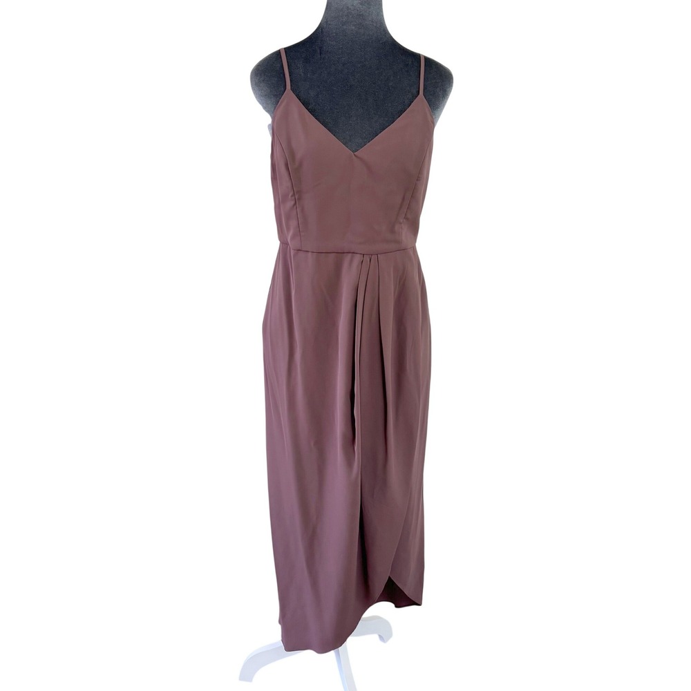 Lulus Mauve Wedding Cocktail Tulip Midi Dress V-Neck Spaghetti Strap Pleated M